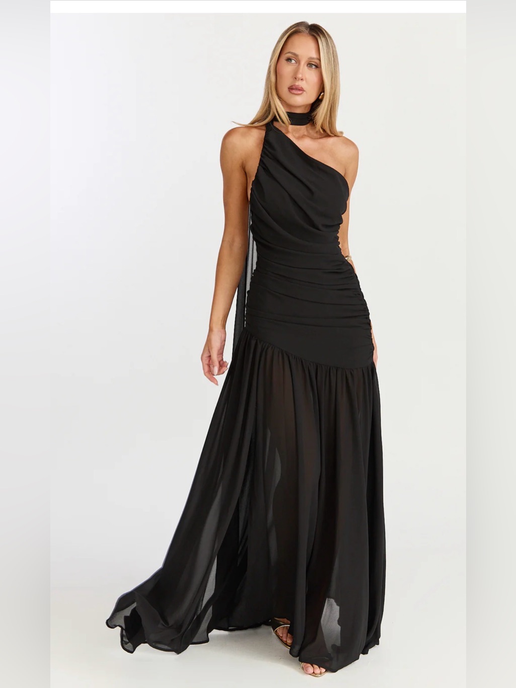 Nwt Showpo Black One-Shoulder Ruched Chiffon High Split Gown With Scarf Sz 4